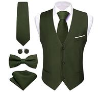 Barry.Wang Mens Olive Green Waistcoat Formal/Leisure V-neck Slim Fit Vest Tie Bowtie Set for Suit