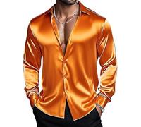 Barry.Wang Men's Orange Shirts Long Sleeve Dress Shirts Stretch Button Down Satin Shirt Formal Casual Business Party Prom