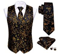 Barry.Wang Mens Paisley Black Gold Waistcoat Flower Jacquard V-neck Suit Vest Set for Wedding