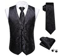 Barry.Wang Mens Paisley Black Waistcoat Silk Jacquard Formal V-neck Suit Vest Set Wedding