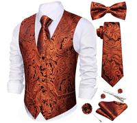 Barry.Wang Men's Paisley Jacquard Silk V-Neck Waistcoat 7PCS Suit Set - Formal Vest with Tie Bowtie Pocket Square for Wedding Business(Burnt Orange,M)