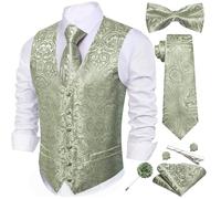 Barry.Wang Men's Paisley Jacquard Silk V-Neck Waistcoat 7PCS Suit Set - Formal Vest with Tie Bowtie Pocket Square for Wedding Business Sage Green