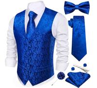 Barry.Wang Men's Paisley Jacquard Silk V-Neck Waistcoat 7PCS Suit Set - Formal Vest with Tie Bowtie Pocket Square for Wedding Business Royal Blue