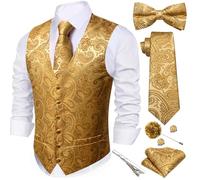 Barry.Wang Men's Paisley Jacquard Silk V-Neck Waistcoat 7PCS Suit Set - Formal Vest with Tie Bowtie Pocket Square for Wedding Business Gold