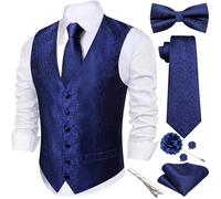 Barry.Wang Men's Paisley Jacquard Silk V-Neck Waistcoat 7PCS Suit Set - Formal Vest with Tie Bowtie Pocket Square for Wedding Business Navy Blue