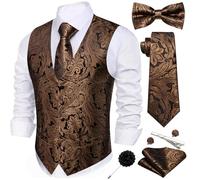 Barry.Wang Men's Paisley Jacquard Silk V-Neck Waistcoat 7PCS Suit Set - Formal Vest with Tie Bowtie Pocket Square for Wedding Business Brown Black