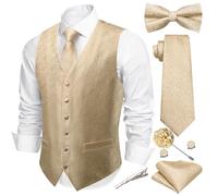 Barry.Wang Men's Paisley Jacquard Silk V-Neck Waistcoat 7PCS Suit Set - Formal Vest with Tie Bowtie Pocket Square for Wedding Business(Champagne,M)