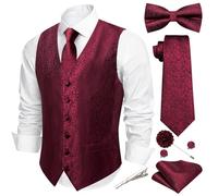 Barry.Wang Men's Paisley Jacquard Silk V-Neck Waistcoat 7PCS Suit Set - Formal Vest with Tie Bowtie Pocket Square for Wedding Business Burgundy