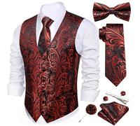 Barry.Wang Men's Paisley Jacquard Silk V-Neck Waistcoat 7PCS Suit Set - Formal Vest with Tie Bowtie Pocket Square for Wedding Business