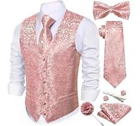 Barry.Wang Men's Paisley Jacquard Silk V-Neck Waistcoat 7PCS Suit Set - Formal Vest with Tie Bowtie Pocket Square for Wedding Business(Rose Gold,L)