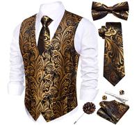 Barry.Wang Men's Paisley Jacquard Silk V-Neck Waistcoat 7PCS Suit Set - Formal Vest with Tie Bowtie Pocket Square for Wedding Business Gold Black