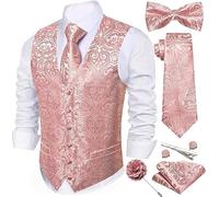 Barry.Wang Men's Paisley Jacquard Silk V-Neck Waistcoat 7PCS Suit Set - Formal Vest with Tie Bowtie Pocket Square for Wedding Business Rose Gold
