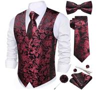 Barry.Wang Men's Paisley Jacquard Silk V-Neck Waistcoat 7PCS Suit Set - Formal Vest with Tie Bowtie Pocket Square for Wedding Business Red Black