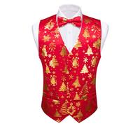 Barry.Wang Mens Paisley V-neck Suit Vest Formal/Leisure Silk Jacquard Waistcoat Tie Set 5PCS, Red Gold, L