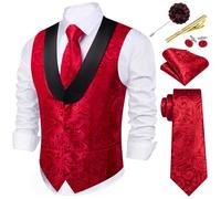 Barry.Wang Mens Paisley Vest Tie Set Silk Jacquard Flower Shawl Collar Suit Waistcoat Tuxedo 6PC Wedding Party, Red, Large