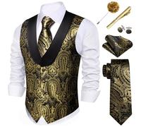 Barry.Wang Mens Paisley Vest Tie Set Silk Jacquard Flower Shawl Collar Suit Waistcoat Tuxedo 6PC Wedding Party, Black Gold, Small