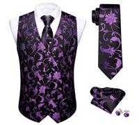 Barry.Wang Mens Paisley Waistcoat Flower Jacquard Silk V-neck Suit Vest and Tie Pocket Square Cufflinks for Wedding Tuxedo Prom