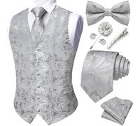 Barry.Wang Men's Paisley Waistcoat Formal Suit Vests Tie Bowtie Set 8PCS | Jacquard Vests Necktie Set,Business/Casual Waistcoat,with Pocket Square Cufflinks Lapel Pin,V-neck,Wedding,Party,Tuxedo Vest