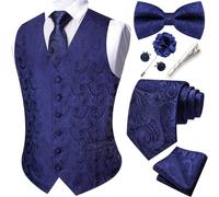 Barry.Wang Men's Paisley Waistcoat Tie Bowtie Set Formal Suit Vests 7PCS | V-Neck Jacquard Waistcoat,Silk Business/Casual Vest,Tie Clips Handkerchief Cufflinks Lapel Pin,6 Buttons,Wedding,Party,Tuxedo