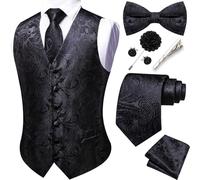 Barry.Wang Men's Paisley Waistcoat Tie Bowtie Set Formal Suit Vests 7PCS | V-Neck Jacquard Waistcoat,Silk Business/Casual Vest,Tie Clips Handkerchief Cufflinks Lapel Pin,6 Buttons,Wedding,Party,Tuxedo