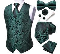 Barry.Wang Men's Paisley Waistcoat Tie Bowtie Set Formal Suit Vests 7PCS | V-Neck Jacquard Waistcoat,Silk Business/Casual Vest,Tie Clips Handkerchief Cufflinks Lapel Pin,6 Buttons,Wedding,Party,Tuxedo
