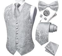 Barry.Wang Men's Paisley Waistcoat Tie Bowtie Set Formal Suit Vests 7PCS | V-Neck Jacquard Waistcoat,Silk Business/Casual Vest,Tie Clips Handkerchief Cufflinks Lapel Pin,6 Buttons,Wedding,Party,Tuxedo