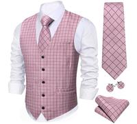 Barry.Wang Men's Plaid Suit Vest Tie Set 4PC Business Slim Fit Waistcoat for Wedding Party