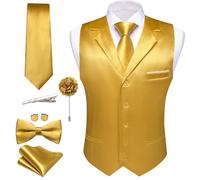 Barry.Wang Mens Satin Formal Suit Vest Tie Bowtie Set 8PC Lapel Collar Casual Slim Fit Waistcoat Wedding Party Tuxedo, Gold, Small