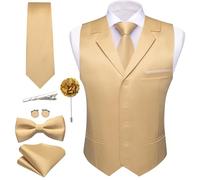 Barry.Wang Mens Satin Formal Suit Vest Tie Bowtie Set 8PC Lapel Collar Casual Slim Fit Waistcoat Wedding Party Tuxedo, Gold Matte, Large