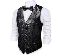 Barry.Wang Mens Sequin Shiny Black Waistcoat Bowtie Set Casual/Leisure V-neck Slim Fit Suit Vest for Festival Party Prom 2PCS
