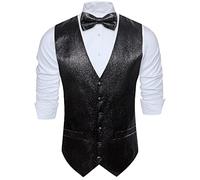 Barry.Wang Mens Sequin Shiny Black Waistcoat Bowtie Set Sparkly Casual Suit Vest Festival Disco Party Prom