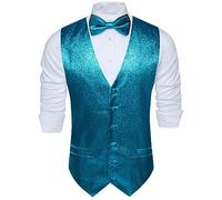 Barry.Wang Mens Sequin Shiny Blue Green Waistcoat Bowtie Set Sparkly Casual Suit Vest Festival Disco Party Prom