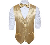 Barry.Wang Mens Sequin Shiny Gold Waistcoat Bowtie Set Sparkly Casual Suit Vest Festival Disco Party Prom