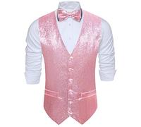 Barry.Wang Mens Sequin Shiny Pink Waistcoat Bowtie Set Sparkly Casual Suit Vest Festival Disco Party Prom