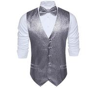 Barry.Wang Mens Sequin Shiny Silver Grey Waistcoat Bowtie Set Sparkly Casual Suit Vest Festival Disco Party Prom