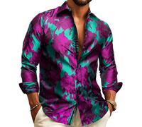 Barry.Wang Mens Shirts Silk Paisley Long Sleeve Dress Shirts Big and Tall Floral Shirt Men Wedding Party S-3XL Green Purple