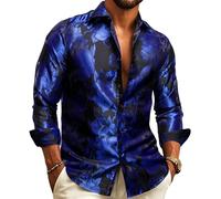 Barry.Wang Mens Shirts Silk Paisley Long Sleeve Dress Shirts Big and Tall Floral Shirt Men Wedding Party S-3XL Black Blue