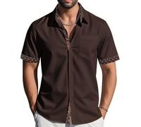 Barry.Wang Men's Short Sleeve Dress Brown Aloha Shirts Button Down Formal Business Casual No Tuck Shirt Regular Summer Work Wedding Party Yacht