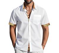 Barry.Wang Men's Short Sleeve Dress White African Kente Shirts Button Down Formal Business Casual No Tuck Shirt Regular Summer Wedding Party Yacht