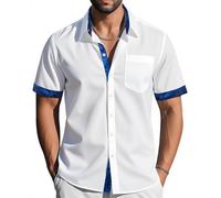 Barry.Wang Men's Short Sleeve Dress White Blue Shirts Button Down Formal Business Casual No Tuck Shirt Regular Summer Work Wedding Party Yacht