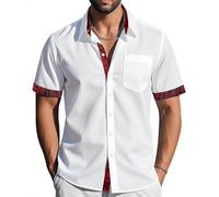 Barry.Wang Men's Short Sleeve Dress White Red Shirts Button Down Formal Business Casual No Tuck Shirt Regular Summer Work Wedding Party Yacht
