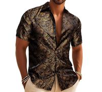 Barry.Wang Mens Silk Paisley Short Sleeve Button Up Shirts Disco Black Gold