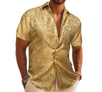Barry.Wang Men's Silk Shirt Paisley Floral Short Sleeve Button Down Dress Shirts Formal Casual Wedding Party Gold Woven
