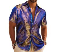 Barry.Wang Men's Silk Shirt Paisley Floral Short Sleeve Button Down Dress Shirts Formal Casual Wedding Party Blue Gold
