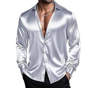 Barry.Wang Men's Silver Grey Shirts Long Sleeve Dress Shirt Stretch Solid Button Down Satin Shirt Formal Casual Business