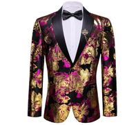 Barry.Wang Men's Suit Bowtie Set Paisley Luxury Embroidery Blazer Jacket Single-Breasted Wedding Business Coat Black Gold