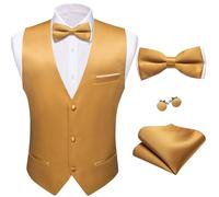 Barry.Wang Mens Suit Vest Bow Tie Set 4PCS Formal V-neck Slim Fit Casual Solid Color Waistcoat Wedding Party Tuxedo, Golden, Large