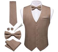 Barry.Wang Mens Suit Vest Linen Formal/Casual V-neck Waistcoat Tie Bow Tie Set Solid Color 6PC Wedding Party Tuxedo, Brown, Large