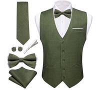 Barry.Wang Mens Suit Vest Linen Formal/Casual V-neck Waistcoat Tie Bow Tie Set Solid Color 6PC Wedding Party Tuxedo, Olive Green, XX-L