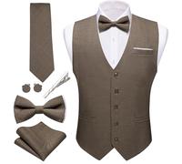Barry.Wang Mens Suit Vest Linen Formal/Casual V-neck Waistcoat Tie Bow Tie Set Solid Color 6PC Wedding Party Tuxedo, Dark Khaki, X-Large